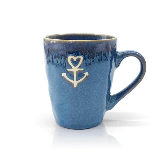 Kruik van steengoed met handvat en ankerdesign in blauw