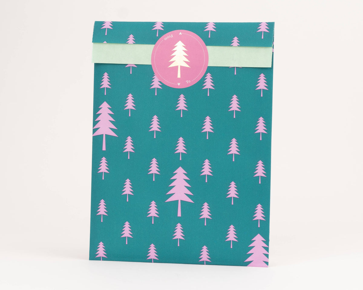 Papieren zakken Dennenboom Roze / Groen (Kerstmis): Groß (17x27cm)
