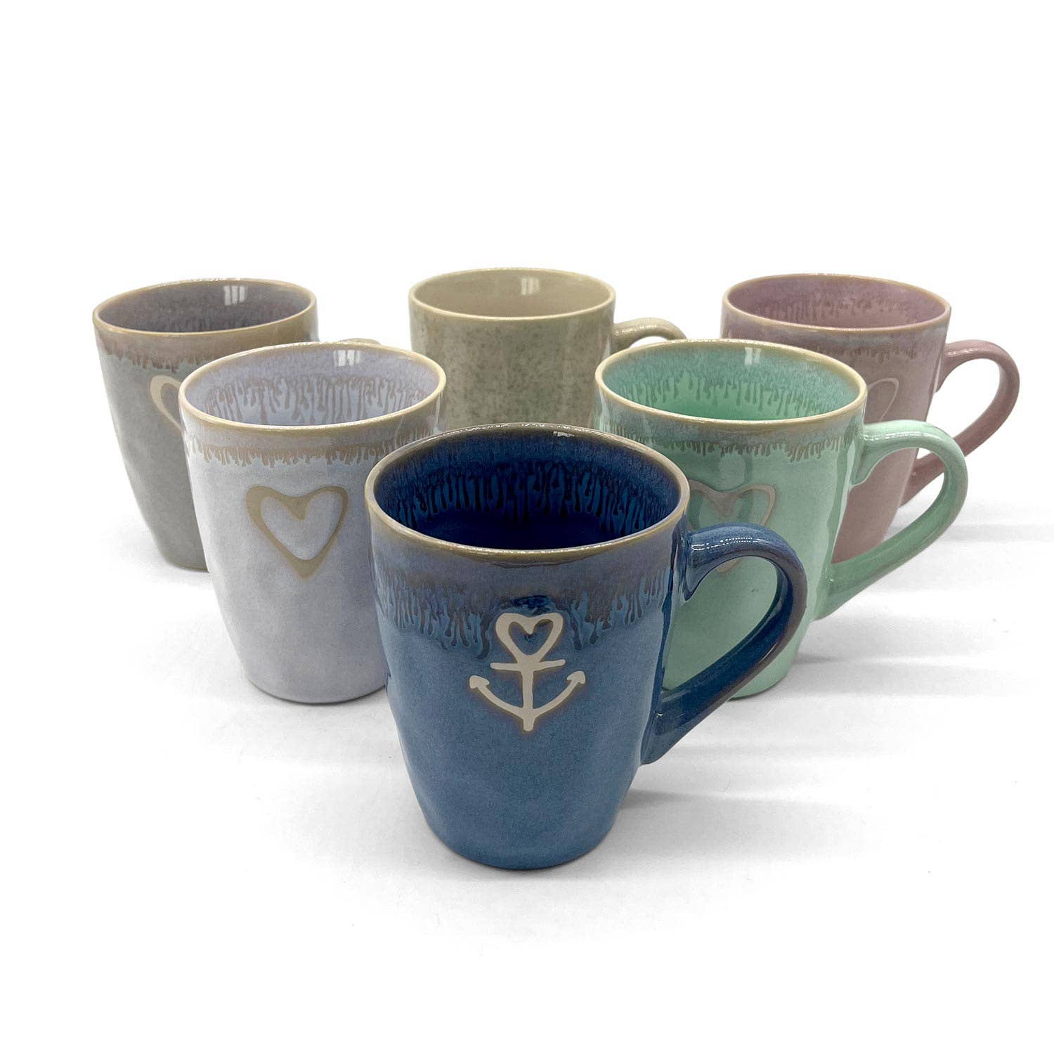 Kruik van steengoed met handvat en ankerdesign in blauw
