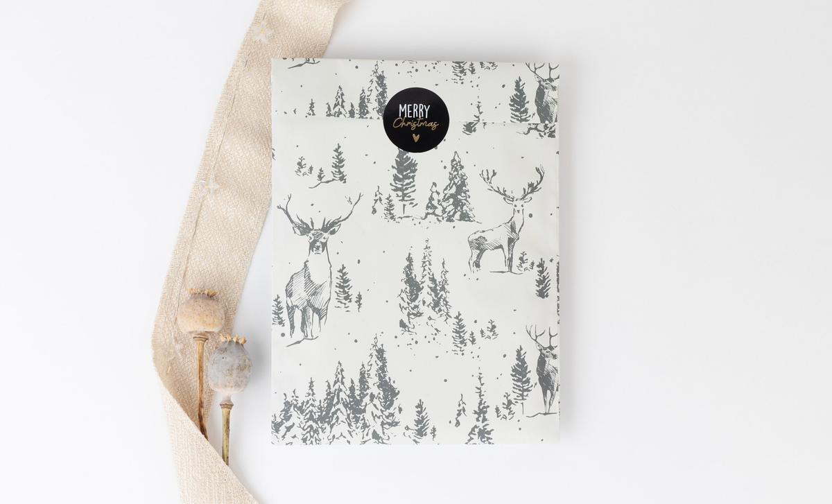 Papieren zakken bos grijs (Kerstmis): Middelgroot (12x21cm)