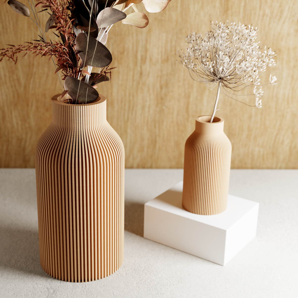 BOTTLE-vaas | Moderne keramiek: Natuurlijk hout / 3-delige set / Met inzetstuk